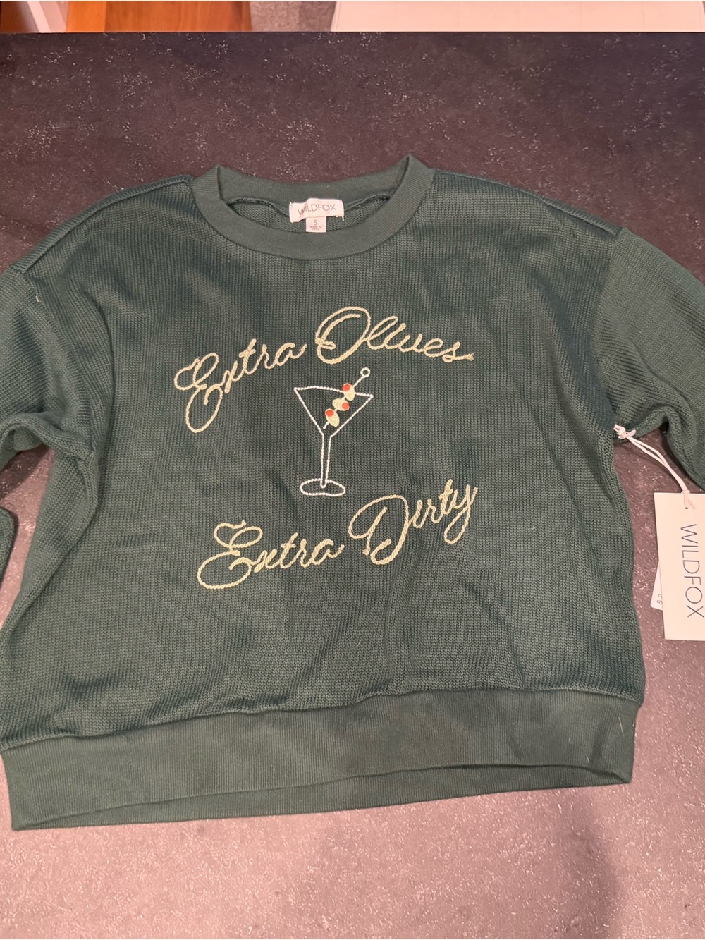 Wildfox Dark Green 'Extra Olives Extra Dirty' Embroidered Waffle Sweatshirt